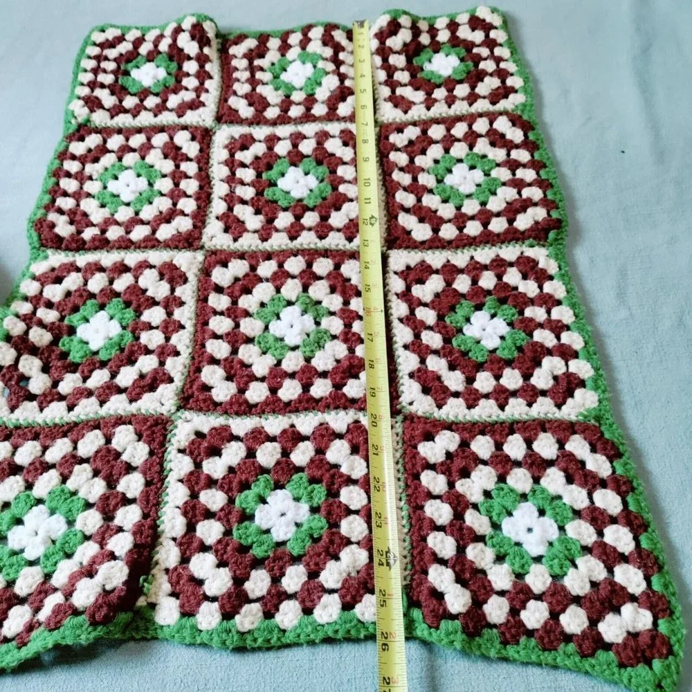 Handmade Granny Square Floral Crochet Afghan Blanket Brown Green Rectangle Throw